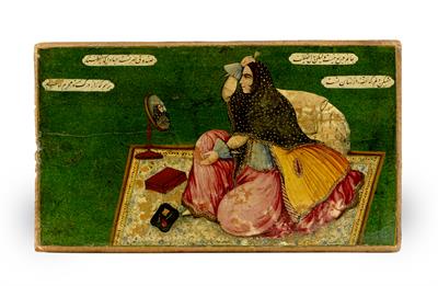 Lot 650 - A Qajar painted wood panel