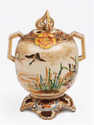 Lot 766 - A Japanese Kyoto Satsuma two handled incense burner and cover