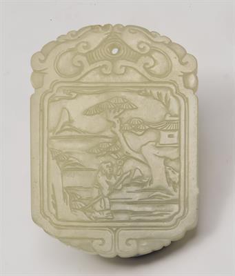 Lot 51 - A CHINESE PALE JADE PENDANT PLAQUE decorated with panels showing an Immortal walking against a