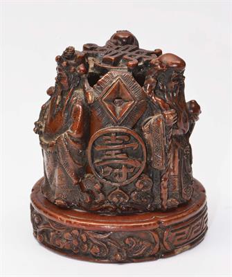 Lot 68 - A CHINESE TERRACOTTA INCENSE BURNER and cover in the form of Shou Lao and other figures