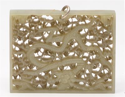 Lot 72 - A CHINESE PALE GREEN JADE RECTANGULAR PLAQUE