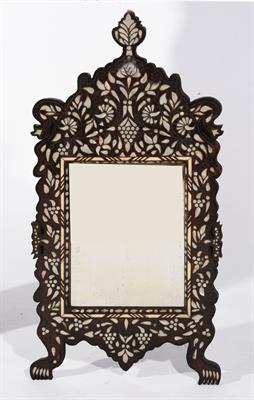 Lot 74 - A MOORISH HARDWOOD AND MOTHER OF PEARL INLAID MIRROR with foliate and geometric designs