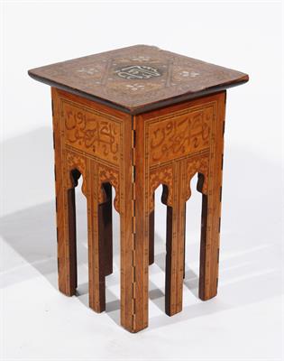 Lot 75 - A SYRIAN DAMASCUS SQUARE OCCASIONAL TABLE with geometric inlaid top with central Persian calligraphy