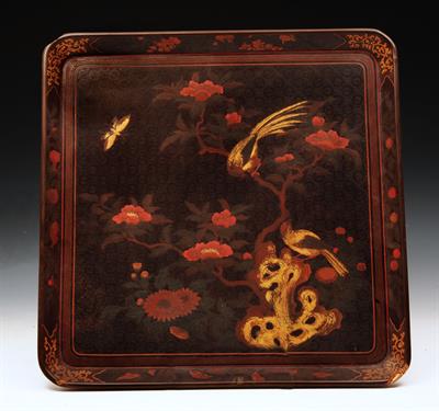 Lot 79 - A CHINESE SQUARE LACQUER TRAY decorated with birds on a branch with butterflies