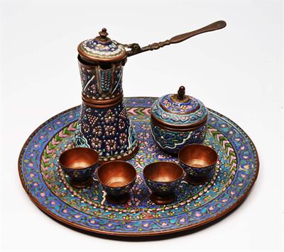 Lot 88 - A SYRIAN ENAMEL COFFEE SET on a tray