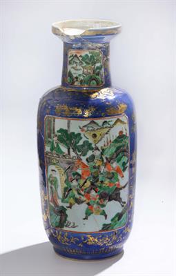 Lot 95 - A CHINESE POWDER BLUE ROULEAU VASE with famille verte panel decorated warriors