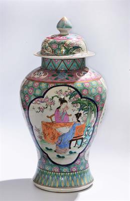 Lot 96 - A CHINESE FAMILLE ROSE BALUSTER VASE and cover having reserve panels of figures and insects on a