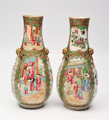 Lot 131 - A PAIR OF CANTON PORCELAIN BOTTLE VASES