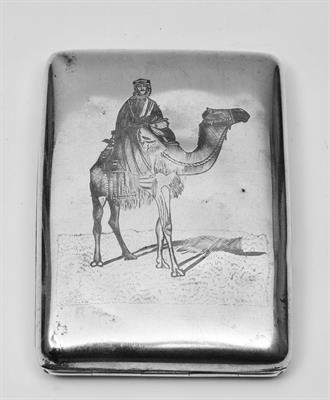 Lot 138 - AN EGYPTIAN SILVER CIGARETTE CASE with niello designs to each side