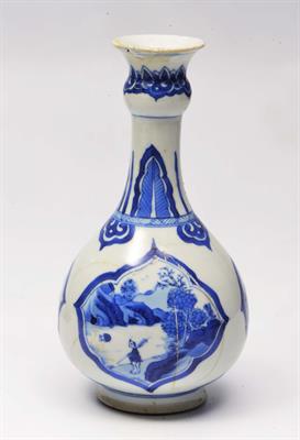 Lot 208 - A CHINESE BLUE AND WHITE VASE with 3 panels of landscapes and flowers with palmette neck