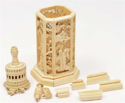 Lot 216 - A CHINESE CANTON CARVED IVORY OCTAGONAL BRUSH HOLDER