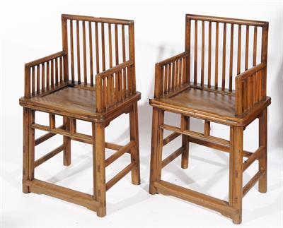 Lot 220 - A PAIR OF CHINESE ELM RAIL BACK CHAIRS