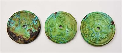 Lot 236 - THREE CHINESE TURQUOISE GAMING COUNTERS