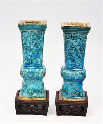 Lot 268 - A PAIR OF CHINESE TURQUOISE SQUARE BALUSTER VASES with relief moulded designs of prunus