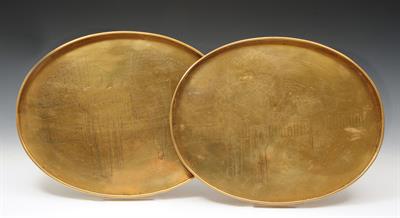 Lot 315 - TWO CHINESE ENGRAVED BRASS OVAL TRAYS with inscriptions