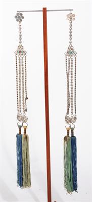 Lot 401 - A PAIR OF TIBETAN SILVER AND TURQUOISE PENDANT CHAINS