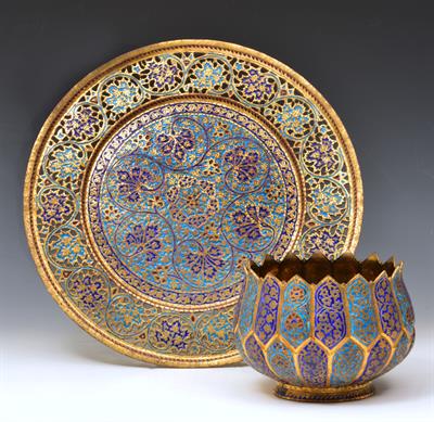 Lot 455 - A KASHMIR COPPER GILT SLOP BOWL and tray with blue enamel alternating panels