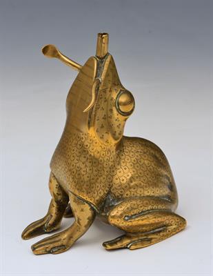 Lot 457 - AN INDIAN BRASS ROSEWATER SPRINKLER in the form of a toad