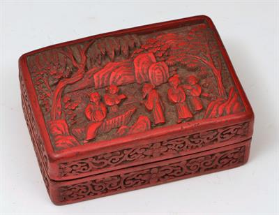 Lot 468 - A CHINESE CINNABAR LACQUER RECTANGULAR BOX and cover with scholars under pine trees