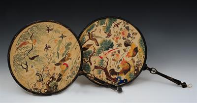 Lot 470 - A PAIR OF CHINESE EMBROIDERED CIRCULAR FANS