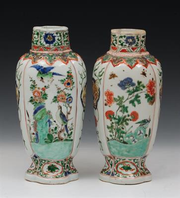 Lot 496 - A PAIR OF CHINESE FAMILLE VERTE HEXAGONAL BULBOUS PANEL VASES decorated birds