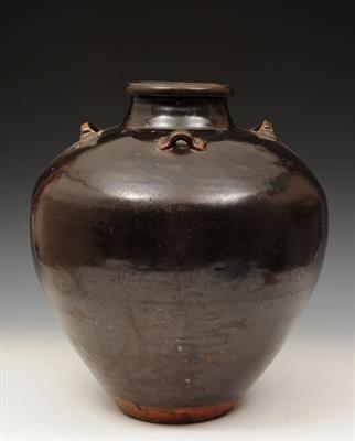 Lot 511 - A CHINESE BROWN GLAZE MONOCHROME STORAGE JAR with four lug handles