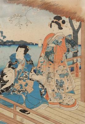 Lot 525 - A WOODBLOCK PRINT by Kuniyoshi depicting warriors on a beach