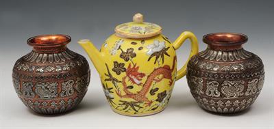 Lot 573 - A CHINESE YELLOW GROUND PORCELAIN TEAPOT and cover with dragon decoration and a pair of Persian