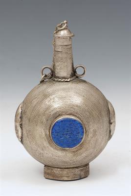 Lot 581 - AN INDO-PERSIAN SMALL SILVER METAL PILGRIM FLASK with two lapis lazuli mounts