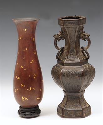 Lot 594 - A CHINESE BRONZE AND GOLD SPLASH SLENDER BALUSTER VASE