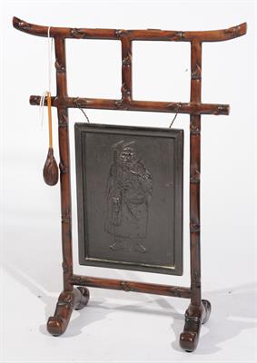 Lot 621 - A JAPANESE HARDWOOD FRAMED GONG with bronze set plaque with Japanese warrior figure holding a sword