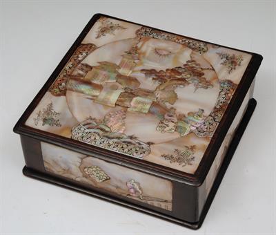 Lot 622 - A CHINESE RECTANGULAR BOX with mother-of-pearl cover showing pavilions and a single figure within a