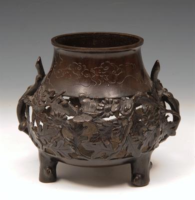 Lot 636 - A JAPANESE BRONZE CENSER with open work design with flower heads and dragonflies