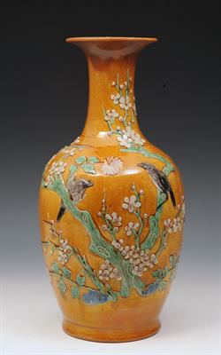 Lot 671 - A CHINESE HONEY GLAZED BALUSTER VASE decorated birds and blossom