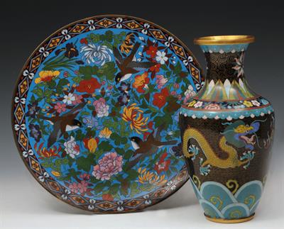 Lot 683 - A JAPANESE BLUE GROUND CLOISONNE CHARGER decorated magpies and peonies