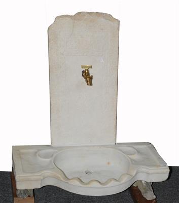 Lot 709 - AN OTTOMAN MARBLE TABLET and Turkish marble basin combined to make a fountain