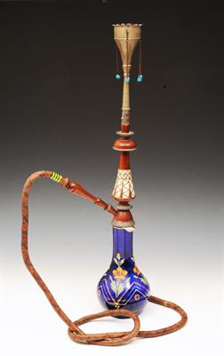 Lot 711 - A TURKISH BLUE GLASS AND MOTHER-OF-PEARL HOOKAH PIPE