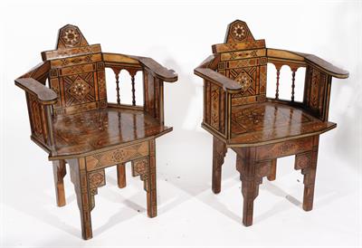 Lot 716 - A PAIR OF DAMASCUS TYPE GEOMETRIC INLAID ARMCHAIRS