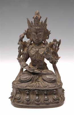 Lot 751 - A CHINESE CAST METAL BUDDHA with hand raised on a lotus base