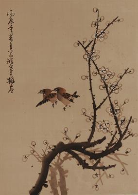 Lot 762 - A CHINESE WASH STUDY with two sparrows and blossom