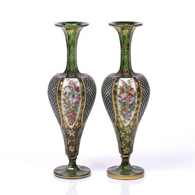 Lot 10 - Pair of slender glass overlaid green vases