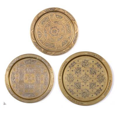 Lot 261 - Three Cairo Ware brass and inlaid trays