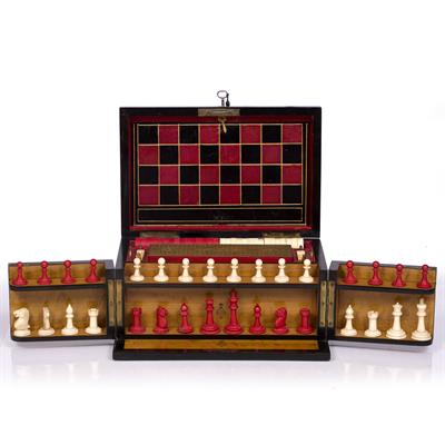 Lot 15 - A VICTORIAN FIGURED WALNUT GAMES COMPENDIUM