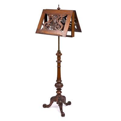 Lot 26 - AN EARLY VICTORIAN ROSEWOOD AND MAHOGANY DUET MUSIC STAND