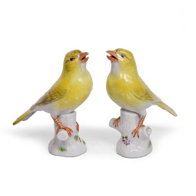 Lot 42 - A PAIR OF MEISSEN FIGURES of canaries