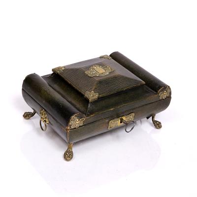 Lot 44 - A REGENCY/GREEN LEATHER GILT BRASS-MOUNTED WORKBOX of sarcophagus form