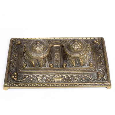 Lot 46 - A BRASS RECTANGULAR INKSTAND