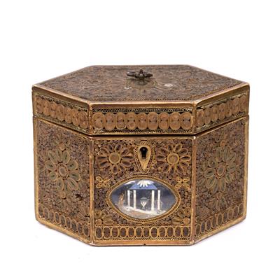 Lot 50 - A GEORGE III HEXAGONAL PAPER SCROLL TEA CADDY decorated with formal foliate designs