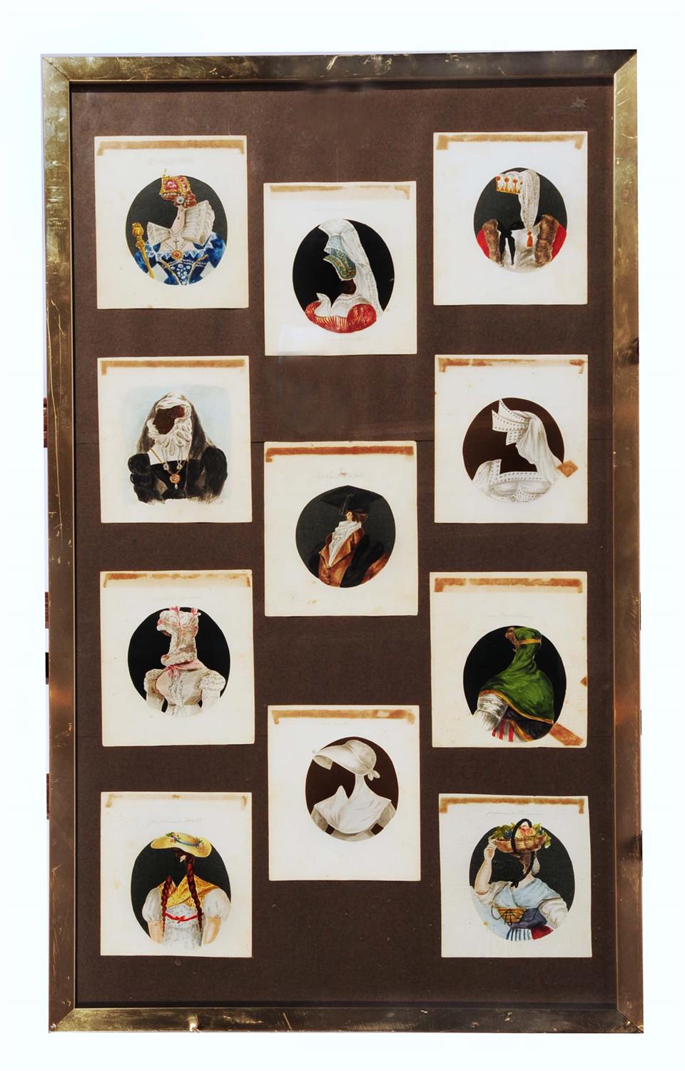 Lot 63 - A COLLECTION OF MINIATURE WATERCOLOUR COSTUME OVERLAYS