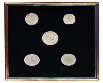 Lot 64 - A FRAMED SET OF FIVE GRAND TOUR PLASTER PLAQUES